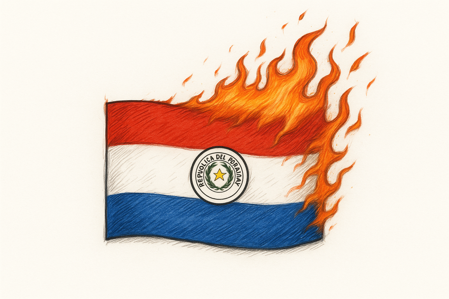 Bandera de paraguay tipo dibujo ardiendo con detalles naranjas alrededor sin llenar tanto la imagen, quiero que sea de fondo blanco y que no salga tan grande la bandera de paraguay 